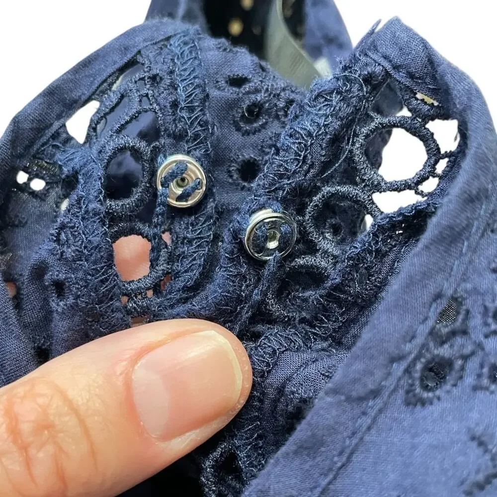 J. Crew Cotton Eyelet Lace Flutter Hem Dress Navy Blue Sz 12 Boho Chic Romantic